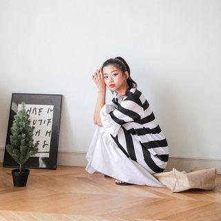 Frilled-sleeve Stripe Maxi T-shirt Dress