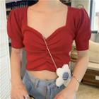 Sweetheart-neckline Short-sleeve Shirred Knit Top