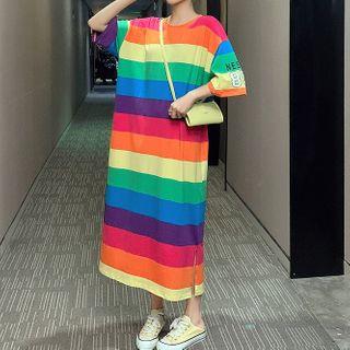 Striped Elbow-sleeve Maxi T-shirt Dress