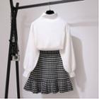Set: Puff-sleeve Sweater + Patterned Mini A-line Skirt