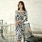 Long-sleeve Square-neck Floral Midi Bodycon Dress