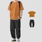 Elbow-sleeve T-shirt / Drawstring-cuff Wide Leg Pants