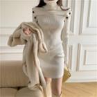 Long-sleeve Turtleneck Knit Mini Dress White - One Size
