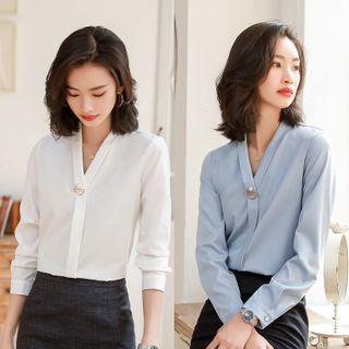 Elbow-sleeve Tie-neck Blouse / Mini Fitted Skirt