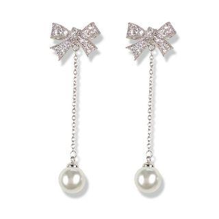 925 Sterling Silver Faux Pearl Bow Drop Earring As Shown In Figure - One Size