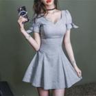 Bow Short-sleeve Tie-waist V-neck A-line Dress