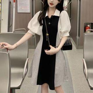 Puff-sleeve Polo Neck Two-tone Mini A-line Dress