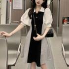 Puff-sleeve Polo Neck Two-tone Mini A-line Dress