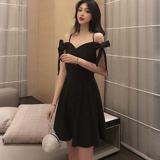 Bow Accent Strappy A-line Dress Black - One Size