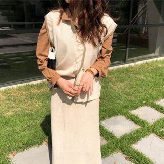 Contrast-trim Knit Vest Beige - One Size