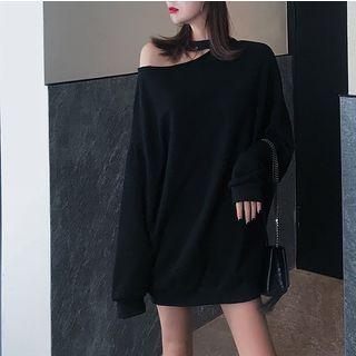 Long-sleeve Cutout-shoulder Knit Top Black - One Size