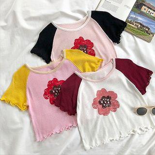 Color-block Printed Crewneck Short-sleeve Knit Top