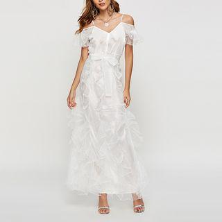 Ruff Off-shoulder Short-sleeve Maxi A-line Dress
