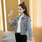 Stand-collar Single-breasted Floral Embroidered Long-sleeved Denim Coat