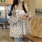 Elbow-sleeve Cold Shoulder Dotted Blouse White - One Size