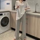 Set: Short Sleeve V-neck Plain T-shirt + Wide-leg Pants