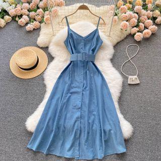 V-neck Denim Long Spaghetti-strap Dress