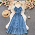 V-neck Denim Long Spaghetti-strap Dress