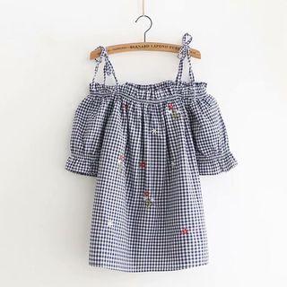 Elbow-sleeve Cold Shoulder Embroidered Floral Gingham Top Navy Blue - One Size