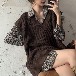 Leopard Print Shirt / V-neck Sweater Vest
