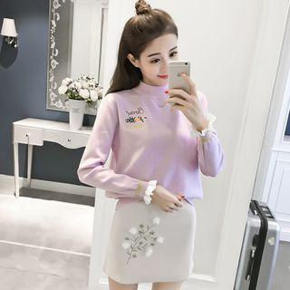 Mock-neck Embroidered Sweater / Mini Skirt