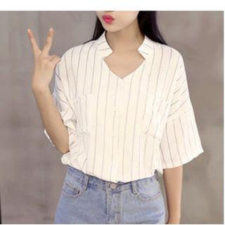 Striped Elbow Sleeve V-neck Shirt