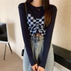 Long-sleeve Check Panel Drawstring Top