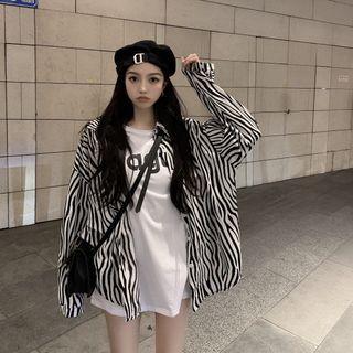 Zebra Print Shirt / Elbow-sleeve Lettering T-shirt