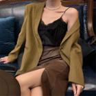 Plain Blazer / Lace Camisole / Faux Leather Slit Fitted Skirt