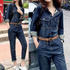 Long-sleeve Collar Denim Jumpsuit
