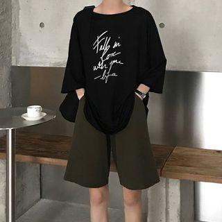 Elbow-sleeve Lettering T-shirt / Plain Shorts