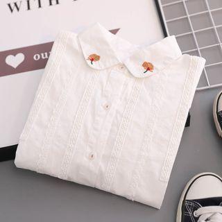 Floral Embroidered Lace Trim Shirt White - One Size