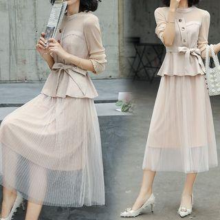 Set: Long-sleeve Top + Mesh Midi Skirt