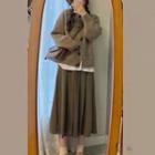 Plain Cardigan / Long-sleeve T-shirt / Midi A-line Skirt