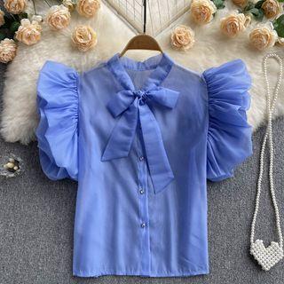 Puff-sleeve Circle Tie-neck Bow Top