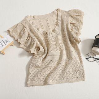 Cap-sleeve V-neck Pointelle Knit Top Almond - One Size