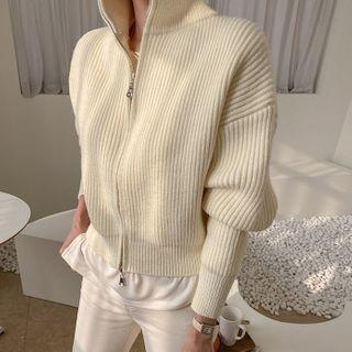 High-neck Rib-knit Zip Jacket