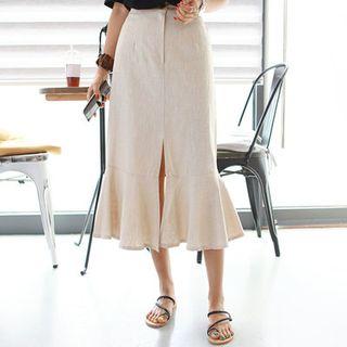 Slit Ruffle Hem Linen Long Skirt