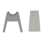 Long Sleeve U-neck Crop Top / High Waist Slit Skirt