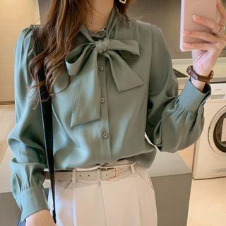 Puff-sleeve Ribbon Bow Shirt