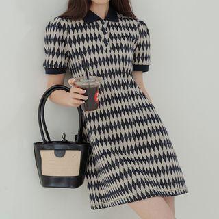 Puff-sleeve Polo Neck Argyle Mini A-line Dress