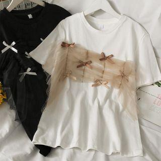Ribbon-accent Mesh-panel Loose T-shirt