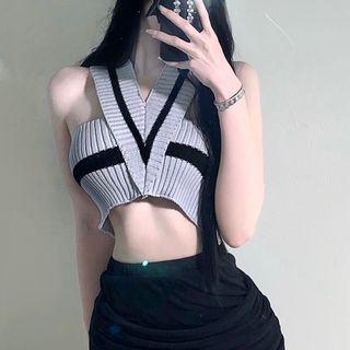 Halter Two-tone Crop Knit Tank Top