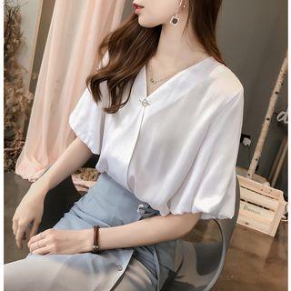 Puff Short-sleeve V-neck Blouse