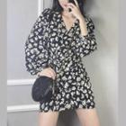 Floral Long-sleeve A-line Dress / Denim Jacket
