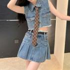 Button-up Denim Vest / Plaid Neck Tie / A-line Denim Skirt / Belt / Set