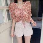 Floral Print Drawstring Ruched Short-sleeve Blouse / High-waist Shorts
