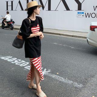 Sleeveless Cat Embroidered Striped Slim-fit Dress / Short-sleeve Cutout Heart Top
