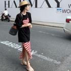 Sleeveless Cat Embroidered Striped Slim-fit Dress / Short-sleeve Cutout Heart Top