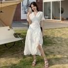 Short-sleeve V-neck Ruffled Dress White - One Size